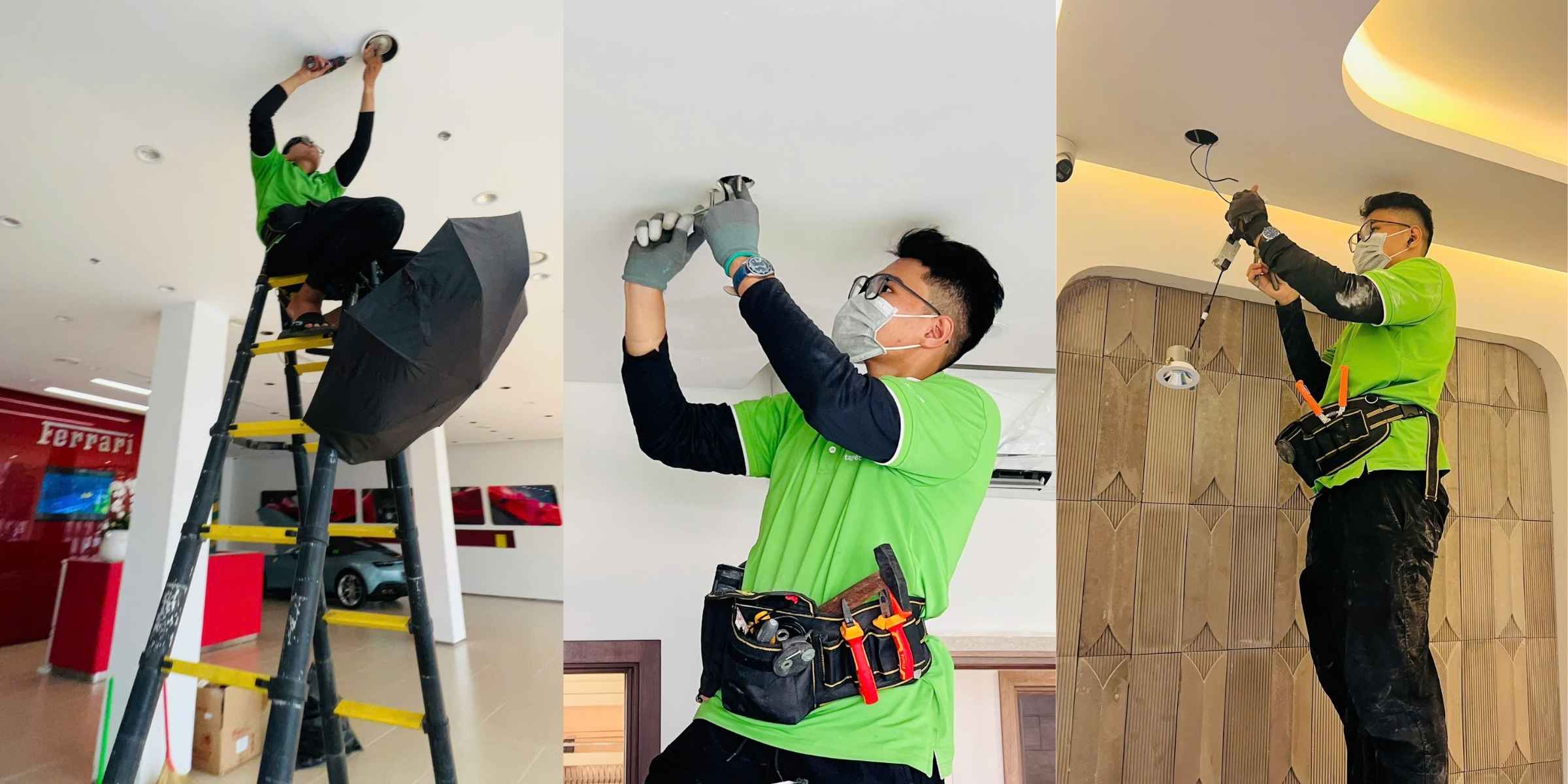 Kỹ thuật viên điện lắp đặt đèn âm trần trong nhà, sử dụng thang và bộ dụng cụ thi công chuyên nghiệp